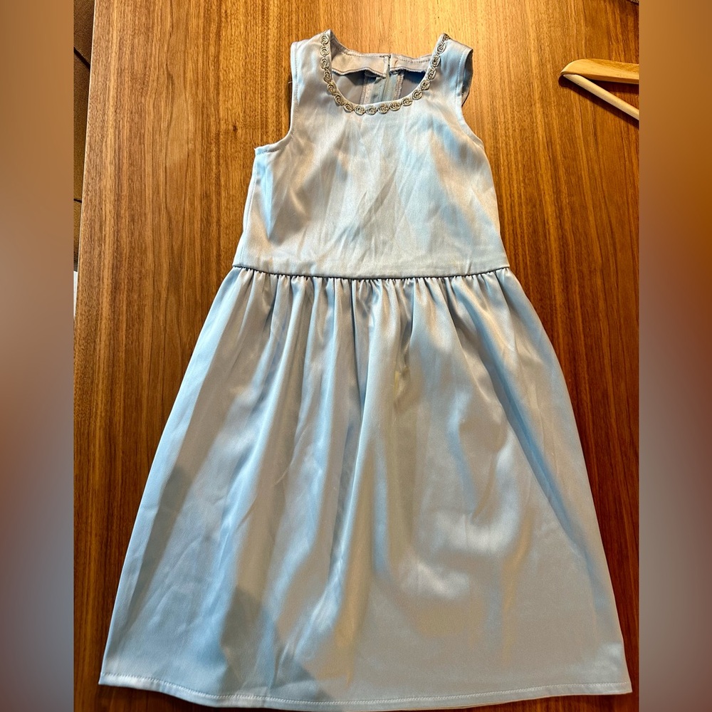 Girls handmade silk sleeveless dress embroidered neckline light blue size 8